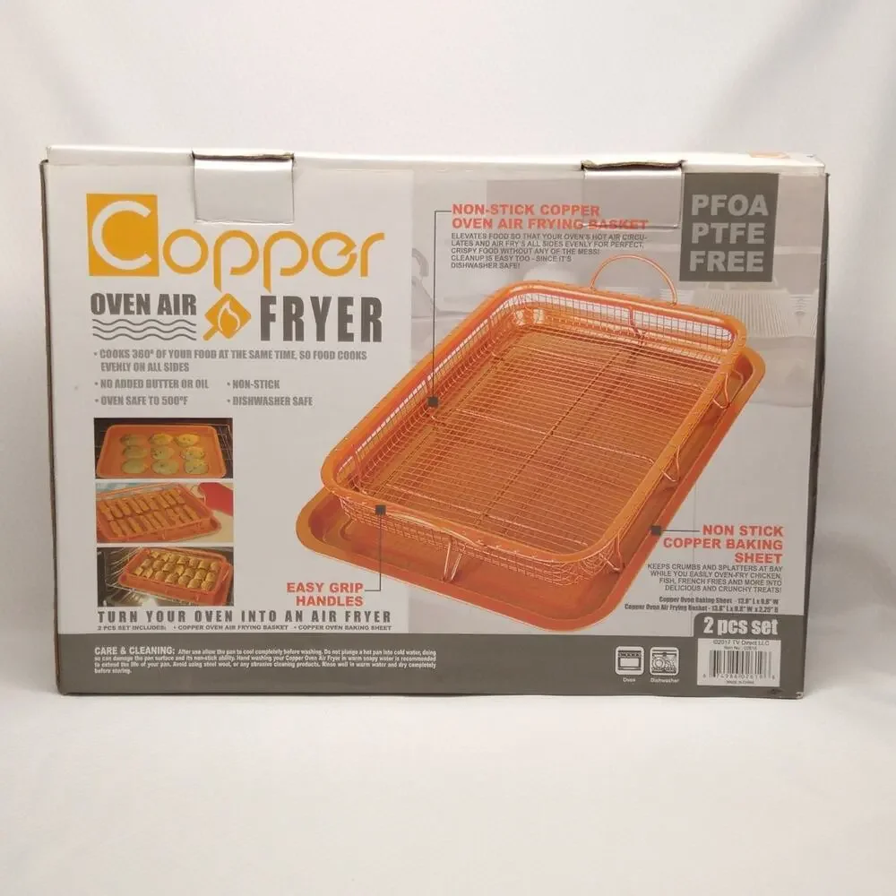 Copper Oven Air Fryer Crisper Basket Tray 2 Piece Set Non Stick New Box